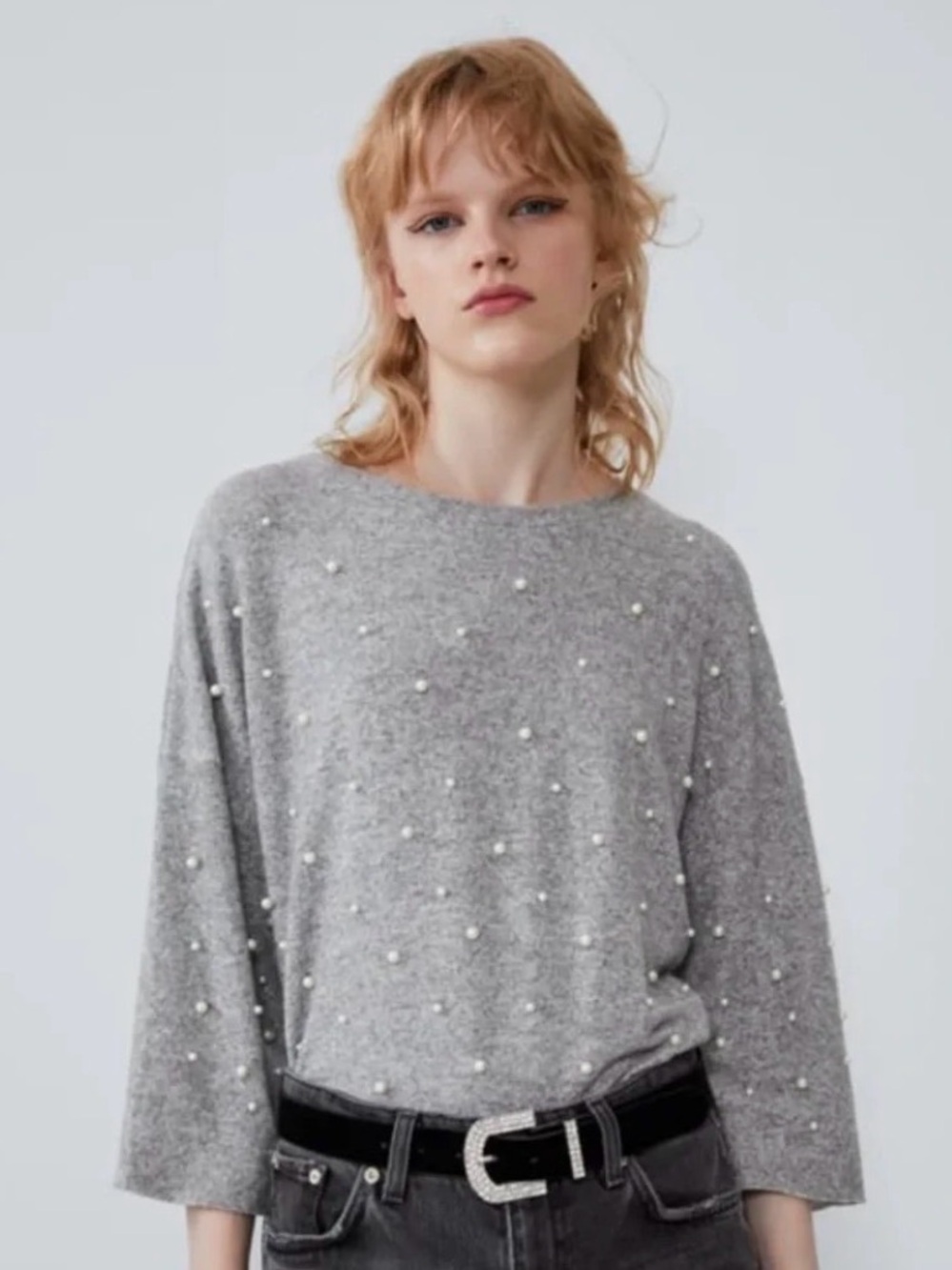 Zara Pearl-Embellished Gray Knit Sweater
